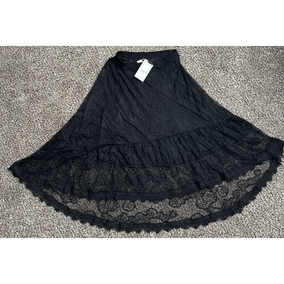 Black Lace Midi Ho Low Tiered Skirt Chokolate Paris Sz L‎ - Picture 2 of 11